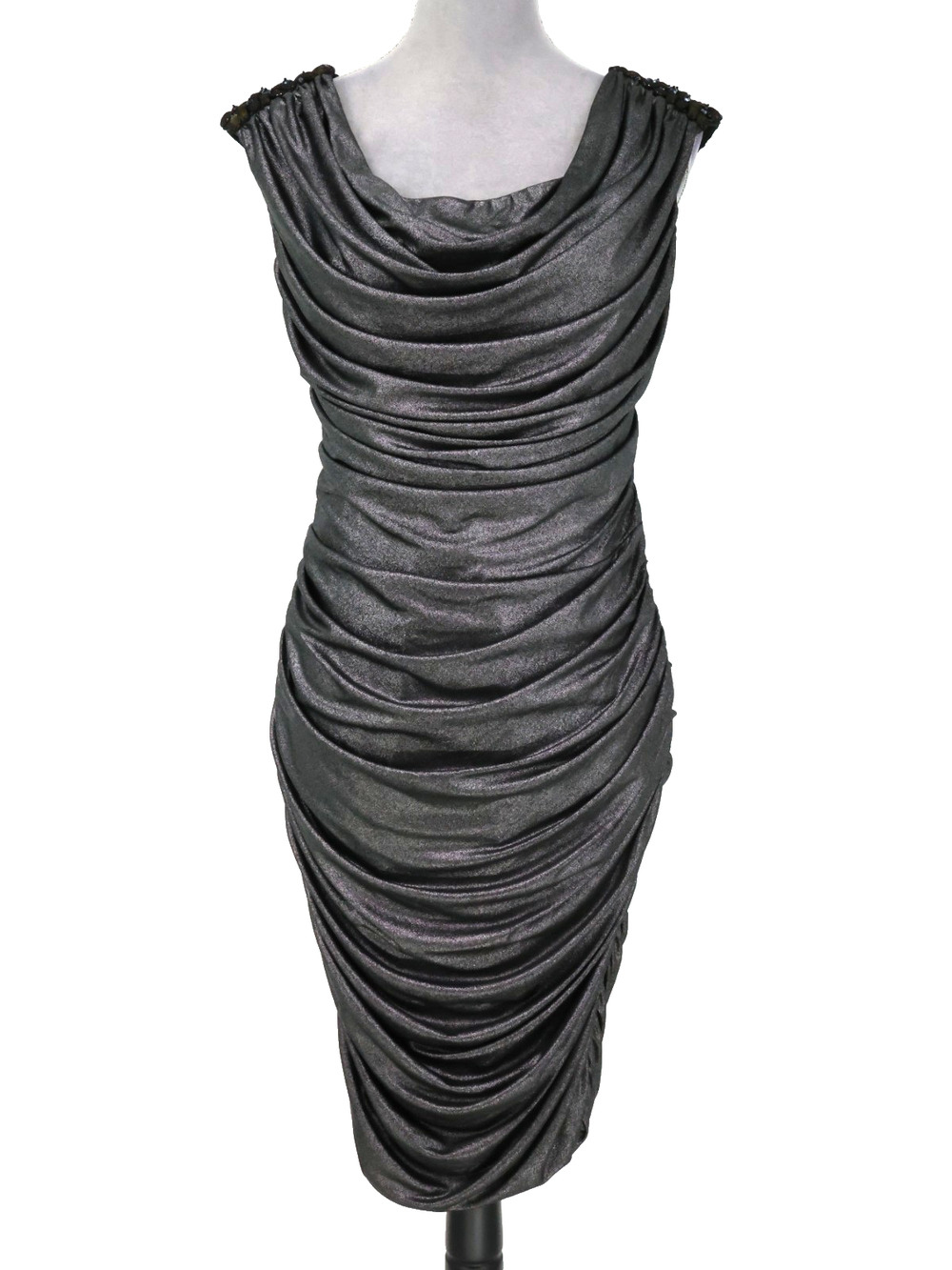 Tadashi Shoji Dress Womens Large Gray Metallic Ruched BodyCon Zip Party Coctail
